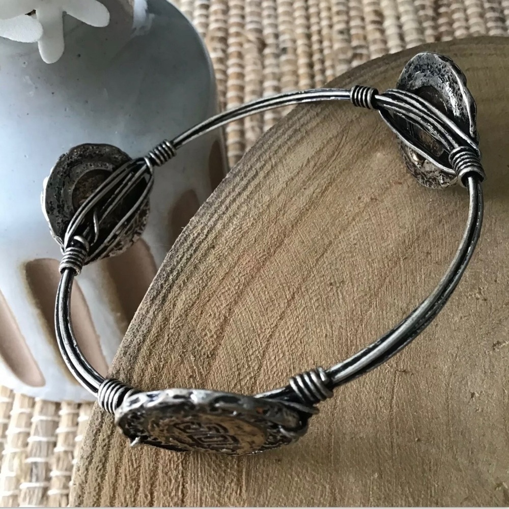 NEW Western Barbed Wire Look Coin Bangle Bracelet Cowgirl Mixed Metal Brutalist - Picture 10 of 13